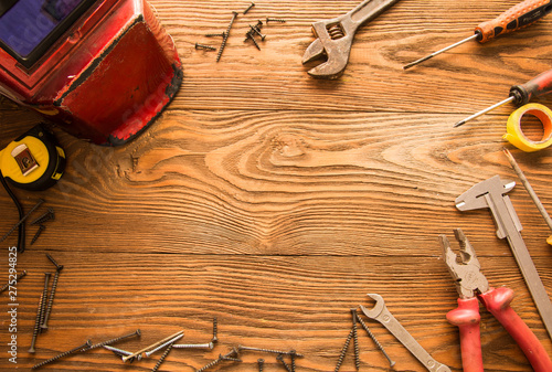 Fotomural tools male workplace background texture dark wood