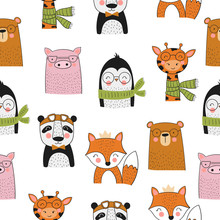 Vector Seamless Pattern With Cute Hand Drawn Animals