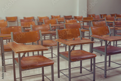 Empty University Classroom With Wooden Chairs And Desks Modern