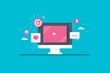 Canvas Print - social media, video marketing, audience engagement flat design vector banner with icons