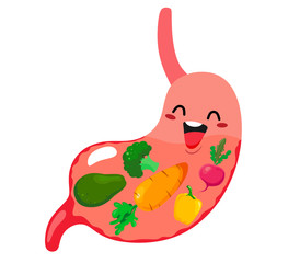 Wall Mural - A healthy and contented stomach filled with fresh vegetables. Vector illustration in cartoon flat style on white background