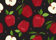Apple Seamless Pattern And Slice With Seed On Black Background. Red Apples Fruits Vector Illustration.