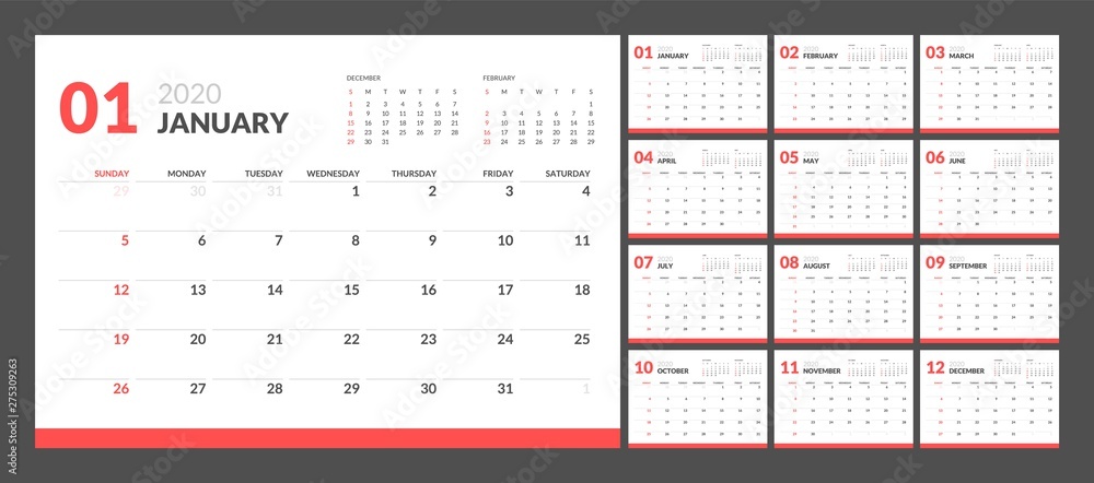 Calendar for 2020 year in clean minimal table simple style. Week Starts on Sunday. Set of 12 Months. - obrazy, fototapety, plakaty 