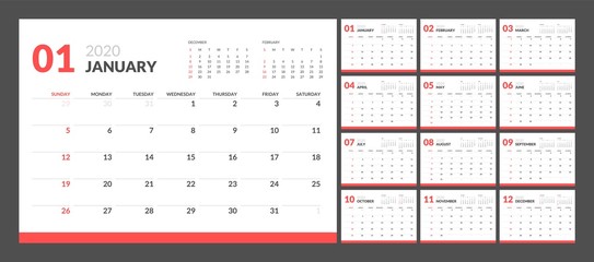 Calendar for 2020 year in clean minimal table simple style. Week Starts on Sunday. Set of 12 Months.