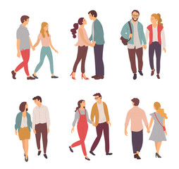 People loving each other vector, person with partner kissing man and woman, hugging couple isolated. Boyfriend and girlfriend walking and talking