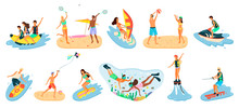 People Activity Relaxing By Coastline Vector, Man And Woman Staying On Beach, Banana Boat Riding And Playing Tennis And Volleyball, Scuba Diving Snorkelling. Beach Activities Water Sport