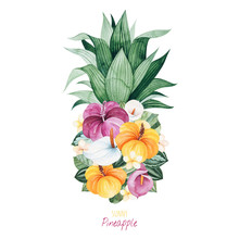 Watercolor Sunny Pineapple.Greeting Card With Pineapple,leaves,palm Leaf,multicolored Flowers.Perfect For Wedding,invitations,quotes,logos,Birthday Cards,bridal Shower And Your Unique Creation.
