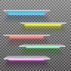 Vector empty white plastic shelf with neon lamps isolated