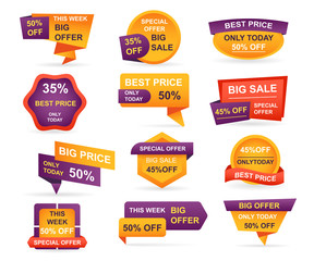 Aufkleber - Set of retail sale tags. Stickers best offer price and big sale pricing tag badge design. Limited sales offer label or store discount banner card isolated. Shopping coupon. Vector illustration.