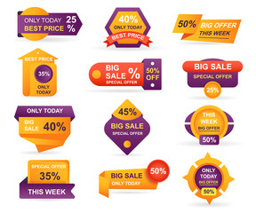 Aufkleber - Set of retail sale tags. Stickers best offer price and big sale pricing tag badge design. Limited sales offer label or store discount banner card isolated. Shopping coupon. Vector illustration.