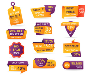 Aufkleber - Set of retail sale tags. Stickers best offer price and big sale pricing tag badge design. Limited sales offer label or store discount banner card isolated. Shopping coupon. Vector illustration.