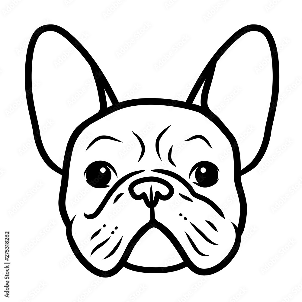 French bulldog black and white hand drawn cartoon portrait. Funny cute bulldog puppy face. Dogs, pets themed design element, icon, logo. - obrazy, fototapety, plakaty 