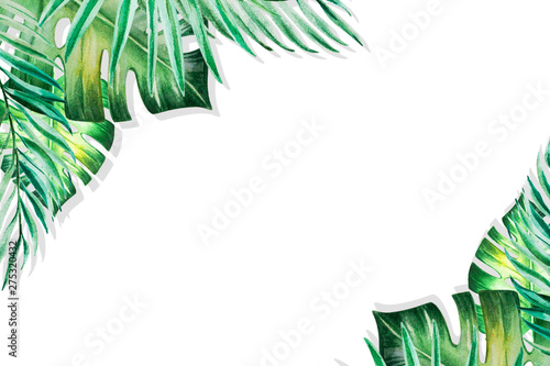 Beautiful frame of tropical leaves. Monstera, palm. Watercolor painting. Exot...