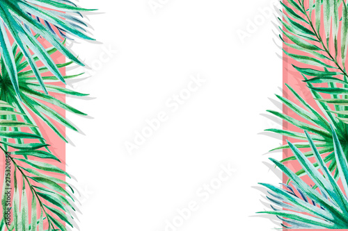 Beautiful frame of tropical leaves. Monstera, palm. Watercolor painting. Exot...