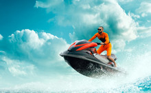 Young Man On Water Scooter, Tropical Ocean, Vacation Concept. Jet Ski. Sea.