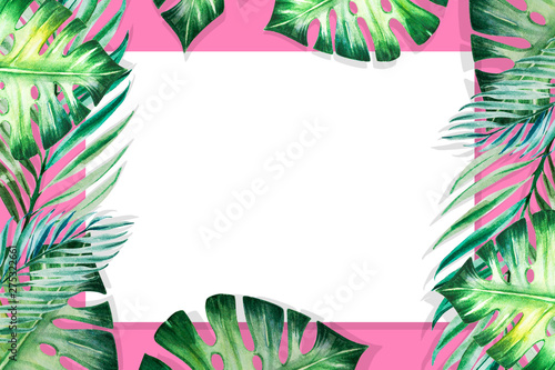 Beautiful frame of tropical leaves. Monstera, palm. Watercolor painting. Exot...