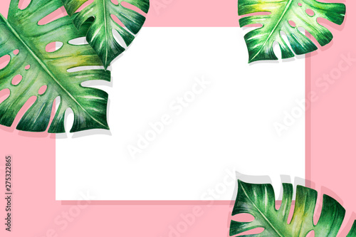 Beautiful frame of tropical leaves. Monstera, palm. Watercolor painting. Exot...