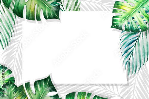 Beautiful frame of tropical leaves. Monstera, palm. Watercolor painting. Exot...
