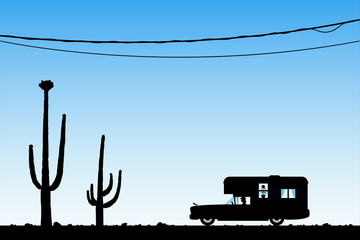 Sticker - Cartoon retro car between cactuses on desert road. Vector illustration with silhouettes of woman traveling in camper. Landscape with cacti. Blue pastel background