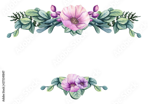 Card Template with Watercolor Flowers and Leaves