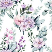 Seamless Pattern Of Watercolor Pastel Colored Leaves And Flowers