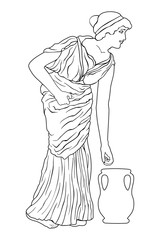 Wall Mural - A young woman in a long dress leans to a jug. Vector image in ancient greek style isolated on a white background.