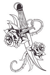 Wall Mural - knife with roses drawn tattoo icon