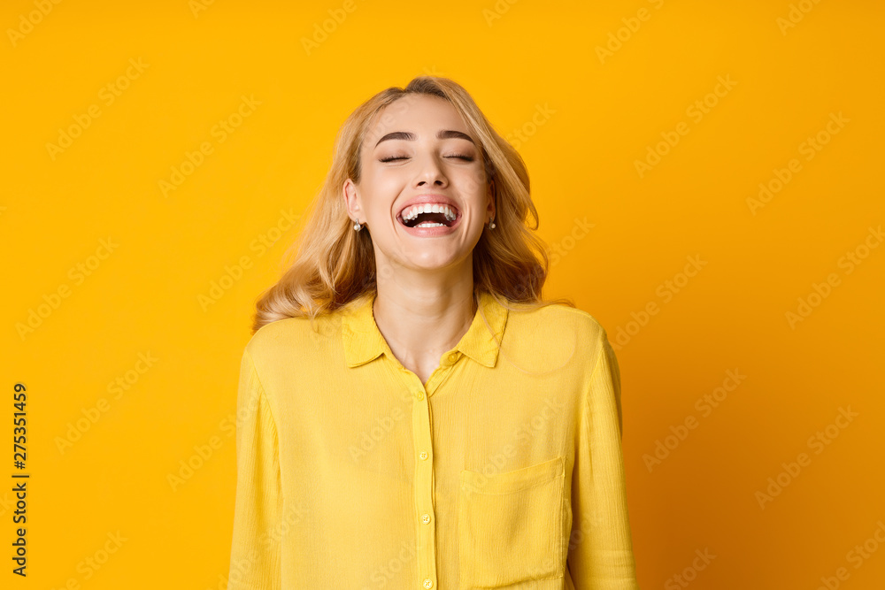 Woman Laughing Out Loud, Hearing Funny Joke - obrazy, fototapety, plakaty 