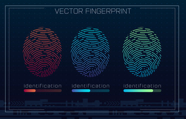 Fingerprint Scanning Identification system in futuristic HUD style. Biometric Interface. Recognition biometric technology and artificial intelligence concept. Scanning fingerprints HUD UI