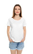 © New Africa - Young woman in t-shirt on white background. Mock up for design