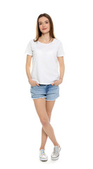 Wall Mural - Young woman in t-shirt on white background. Mock up for design