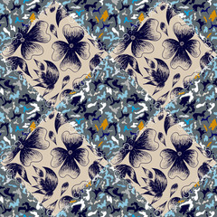 camouflage texture and blue drawn flowers with light brown chains