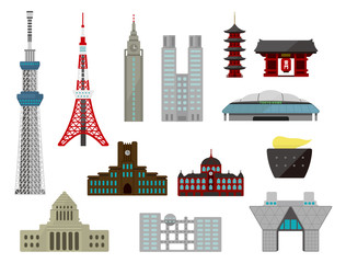 Wall Mural - Tokyo landmark buildings (tower, temple etc.) flat vector illustration set.