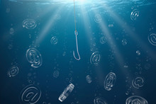 Blue Underwater Scene Of A Phishing Hook Trying To Catch “@” Signs, Symbolizing Email Phishing.
