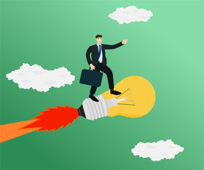 Wall Mural - Businessman flying with standing on idea rocket , startup concept