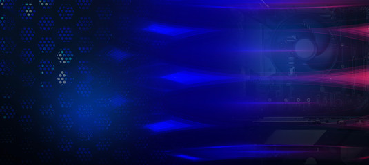 modern tech abstract blue background with computer hardware tools, neon lights, fans, microchips. ab