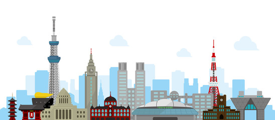 Tokyo skyline flat vector illustration. Tokyo landmark buildings.