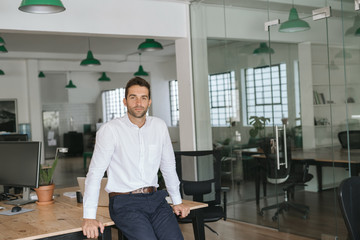 Wall Mural - Confident young businessman leaning against an office desk