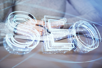 Multi exposure of woman's hands making notes with SEO icon. Concept of Search engine optimization