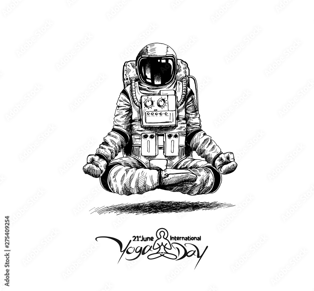 Astronaut in spacesuit yoga gestures , Hand Drawn Sketch Vector illustration. - obrazy, fototapety, plakaty 