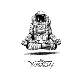 astronaut in spacesuit yoga gestures , hand drawn sketch vector illustration.