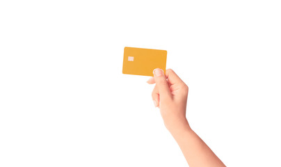 Canvas Print - Female hand holding a bank card isolated on white background