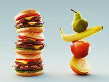 Eating Lifestyle Comparison Between Junk Food And Fruits, 3d Rendering