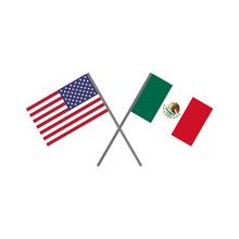 Vector Illustration Of The American (U.S.A.) Flag And The Mexican Flag Crossing Each Other Representing The Concept Of Cooperation