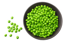 Fresh Green Peas In A Black Plate Isolated On White Background. Top View