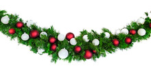 Christmas Garland With Red And Silver Baubles Isolated On White