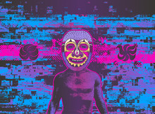 Glitch Party Poster With Man In Ritual Tribal Mask. Vector Illustration.