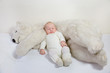 © onoky - View of a young infant sleeping with a huge white teddy bear on a bed.