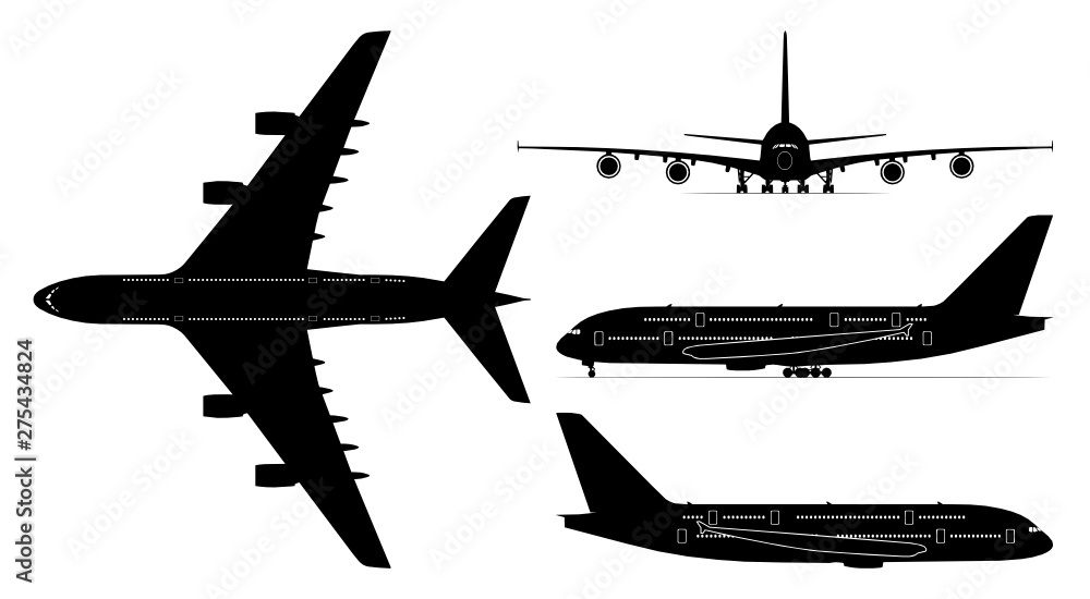 Vector set of four passenger jetliner illustrations (Airbus A380) isolated on white background. Editable EPS file available.  - obrazy, fototapety, plakaty 