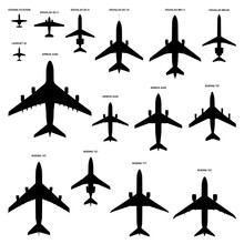 Vector Collection Of 15 Commercial Passenger Airplanes Silhouettes Top View Isolated On White Background. Set Of The Most Famous Airliners With The Real Proportions. 